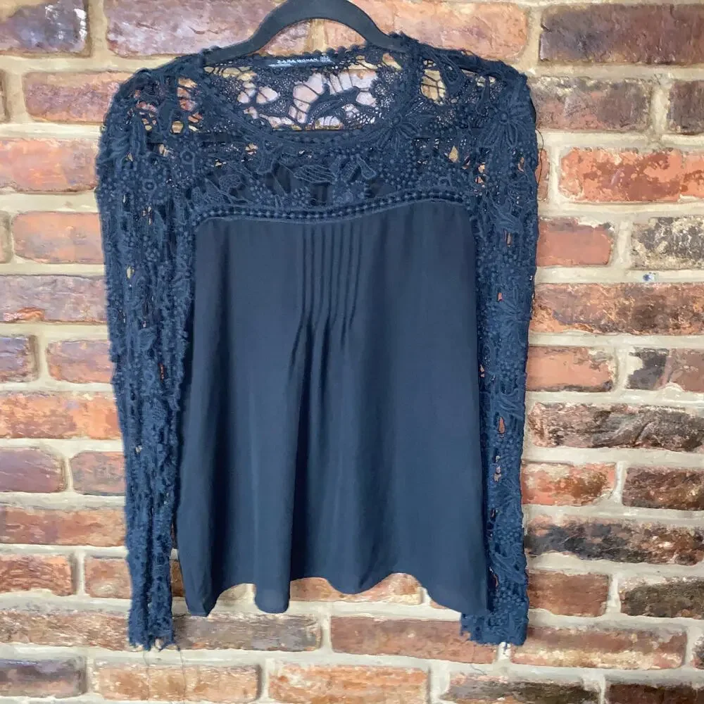 Zara Black Crochet Lace Long Sleeve Blouse Women's Size Medium